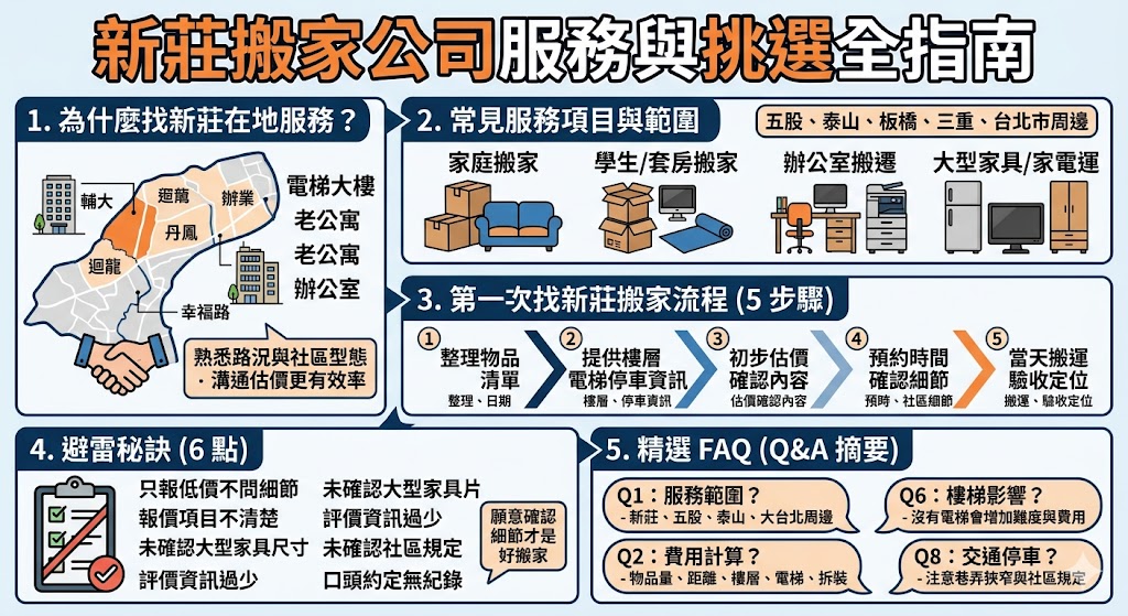 正在找新莊搬家公司？本文整理新莊搬家公司怎麼選、搬家流程、費用影響因素與避雷重點，適合家庭搬家、學生搬家、套房搬家與辦公室搬遷參考，幫助你快速掌握新莊搬家服務重點。