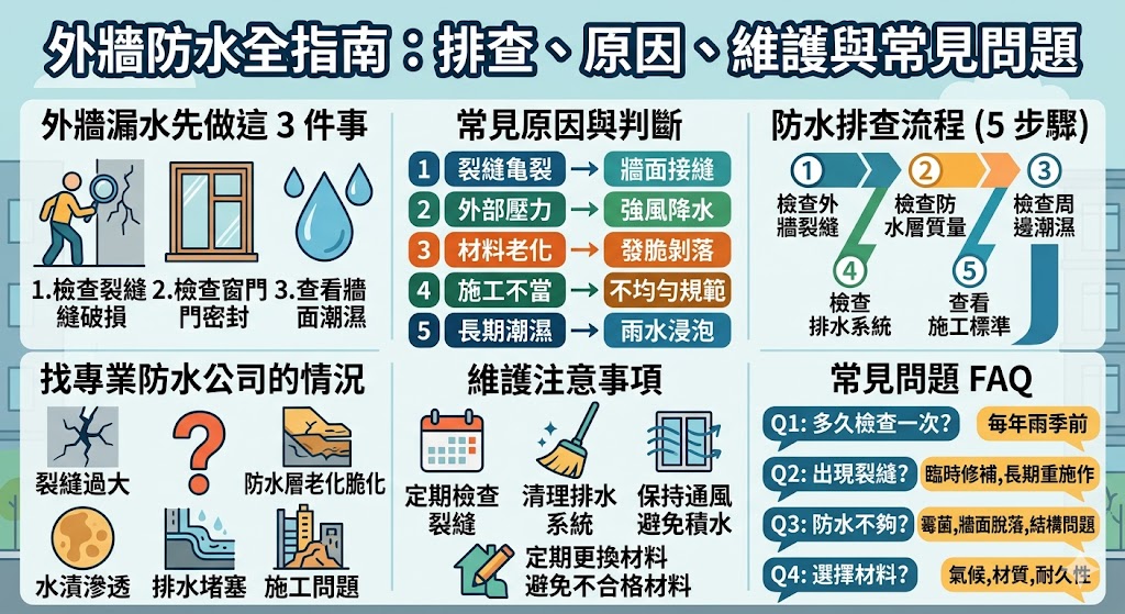 在建築物的保護層中，外牆防水扮演著至關重要的角色。若外牆防水層出現問題，可能導致水分滲透，影響建築結構和居住環境。本文將介紹如何在發現外牆防水異常時進行初步排查，並提供具體的解決方案。無論是裂縫、潮濕還是防水層老化，這些常見問題都能通過正確的處理方法得到有效修復，避免未來可能的更大損失。