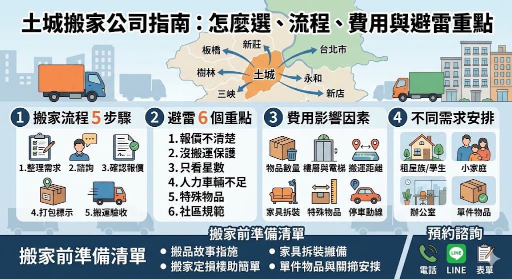 在土城區尋找可靠的搬家公司時，建議優先選擇具備合法營業執照且評價透明的在地業者。標準的搬家流程應從電話諮詢、現場估價、簽訂合約到最後的定位驗收，每一環節都需確保資訊對稱。土城搬家費用通常依據車型、物件數量、搬運樓層及是否有電梯而定，建議索取詳細報價單以避免後續產生爭議。避雷重點在於警惕低價陷阱，部分不肖業者會先以極低報價吸引客戶，待物品上車後再惡意加價，因此合約中必須載明是否包含包材費、特殊大型家具處理費及超時費。挑選時多參考Google評論並確認是否有理賠機制，才能確保在土城搬遷過程順利且安心，守護您的珍貴財物與寶貴時間。