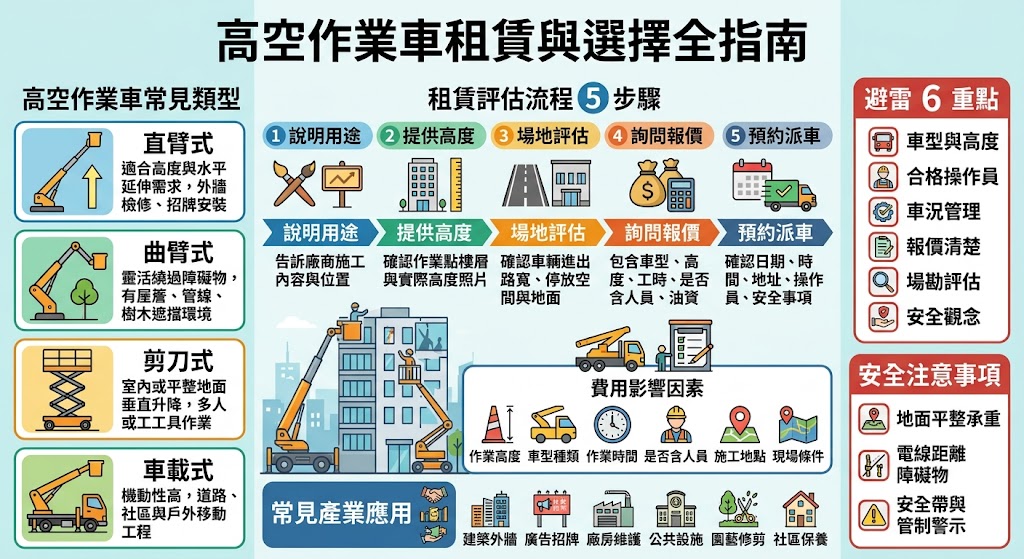 高空作業車適合外牆施工、招牌安裝、廠房維修、路燈保養與高處檢修等作業需求，透過高空作業車可提升高處施工效率與安全性。選擇高空作業車時，建議先確認作業高度、場地環境、車型規格、操作人員與費用條件，並提前提供現場照片與施工內容，讓廠商評估合適車型與派車方式，避免臨時無法施工或追加費用。
