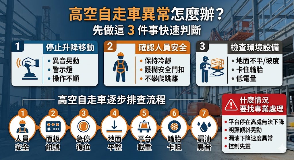 高空自走車在廠房維修、外牆施工、燈具安裝與高處檢修中很常見,但若遇到升不起來、警報響、行走卡住或平台晃動,就不能硬撐操作。本文整理高空自走車常見異常原因、現場排查步驟、使用注意事項與需要找專業處理的警訊,幫助工程人員、店家與施工團隊快速判斷問題方向,降低停工與作業風險。