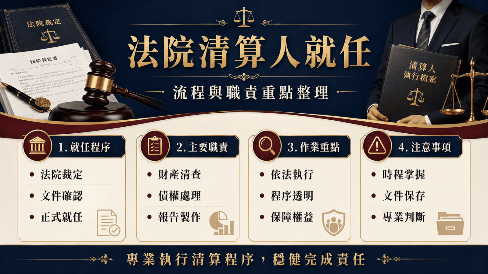 法院清算人就任後,主要任務是代表已進入清算狀態的公司處理剩餘事務