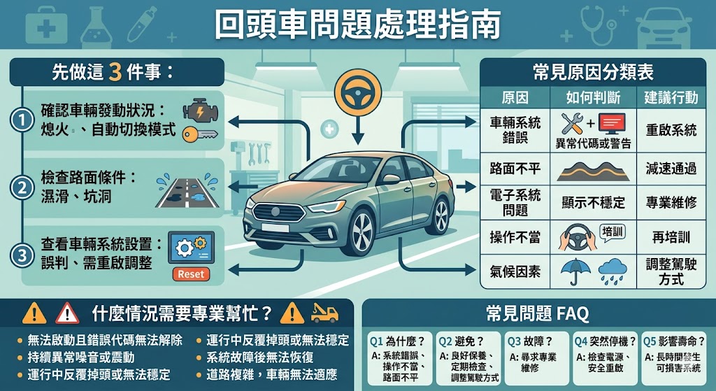 當遇到回頭車的問題時，許多車主會感到困惑。回頭車通常是由車輛系統錯誤、路面不平或駕駛操作不當等原因引起的。為了快速解決問題，車主可以先檢查電源、路面條件及車輛系統設置。本文提供了回頭車的常見原因分類，以及如何進行詳細排查和修復的步驟，讓您能夠有效處理回頭車，減少不必要的維修費用。如果問題依然存在，尋求專業維修將是最佳選擇。