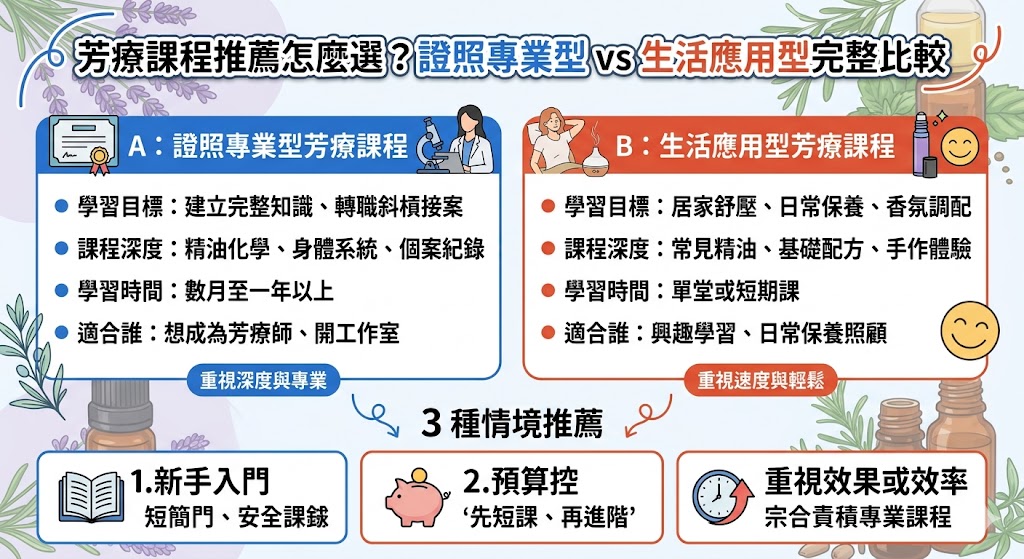 選擇芳療課程時，首要考量在於學習目標是為了職業發展還是個人療癒。證照專業型課程如 IFPA 或 NAHA，著重於嚴謹的精油化學、人體解剖學及臨床諮詢技巧，適合有志於轉職、創業或臨床照護的學員，雖然費用較高且考核嚴格，但能獲得國際公認的專業背書。相對而言，生活應用型課程則側重於居家護理、手工 DIY 與情緒舒緩，學習時數短且學費親民，非常適合預算有限或單純想提升生活品質的新手。挑選時除了對比費用與課程綱要，更需檢視師資的實務經驗與教學口碑，並確認教室是否提供高品質的教學精油，避免陷入低價促銷卻缺乏實質內容的選課陷阱。建議學員先參與單堂體驗課，確認教學風格符合期待後再投入長期培訓，才能在芬芳中找到最適合自己的成長路徑。