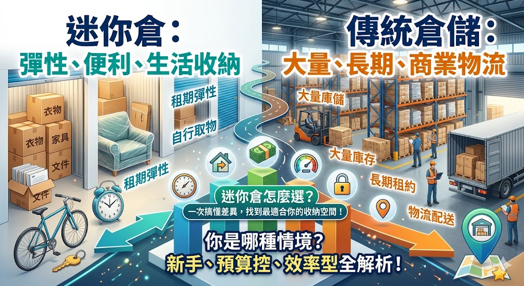 正在比較迷你倉方案嗎?本文整理迷你倉與傳統倉儲的差異,從費用、尺寸、租期、安全管理、取物便利性到適合族群完整說明,幫助你判斷哪一種收納方式更符合需求。無論是搬家過渡、裝潢暫放、換季用品、家具收納、公司文件保存,或小型電商備貨,都可以透過迷你倉釋放生活與工作空間。選擇迷你倉時,建議先盤點物品數量,再依地點、環境、防潮條件與合約內容評估,避免只看低價而忽略實際使用便利性。
