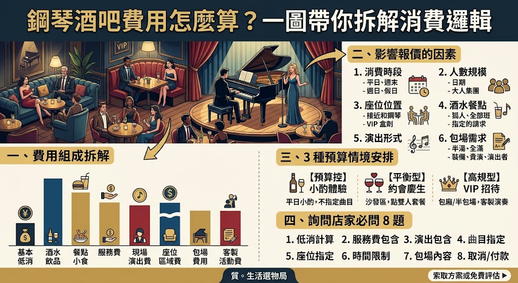 鋼琴酒吧費用怎麼算？本文整理鋼琴酒吧的低消、酒水餐點、服務費、現場演出、包場與客製活動等報價重點，幫助第一次前往鋼琴酒吧的人快速看懂價位差異、避免隱藏費，並了解約會、慶生、企業聚會或求婚前該如何準備詢問與索取報價。