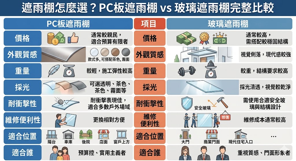 遮雨棚怎麼選才不後悔？本文整理PC板遮雨棚與玻璃遮雨棚的差異、費用、材質優缺點與適合情境，幫助你從預算、採光、耐用度、施工方式與後續維修等角度快速判斷。無論是住家陽台、車庫、大門入口、店面門面或戶外走道，都能依照實際需求挑選合適的遮雨棚方案，降低漏水、積水、噪音與維護不便等問題。