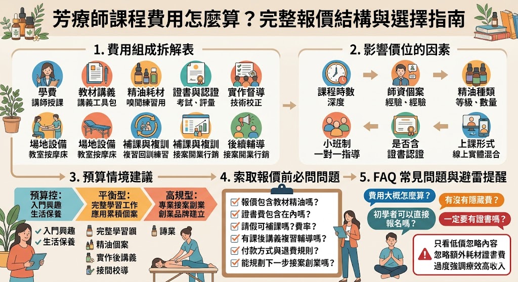 芳療師課程費用落差極大，主要報價邏輯取決於「證照等級」、「教學時數」以及「材料與認證規費」。初階課程費用約落在新台幣一萬至三萬元，內容多涵蓋基礎精油化學與居家應用；進階或高階職業認證（如 NAHA 或 IFA）因學時需達數百小時且包含解剖生理學，費用則可能上看六萬至十萬以上。報名時需特別留意費用是否包含進口教材、教學用精油組、實體按摩課程場地費，以及最重要的「國際證照申請費」與「考試代辦費」，後者常以美金或英鎊結算。此外，面授實體課與線上視訊課的定價也有差異。建議學員先釐清目標是自我療癒還是專業職能發展，並比對各機構的師資經歷與術科資源，才能在繁雜的報價單中精準選出最高 CP 值的進修路徑，避免後續衍生的隱藏成本。