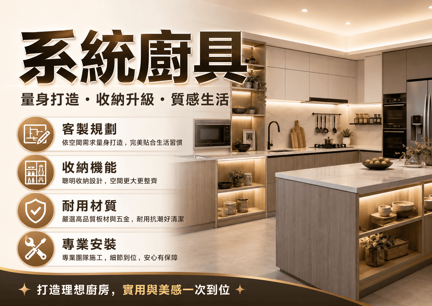系統廚具是很常見的選擇，能依照空間尺寸、烹飪習慣、收納需求
