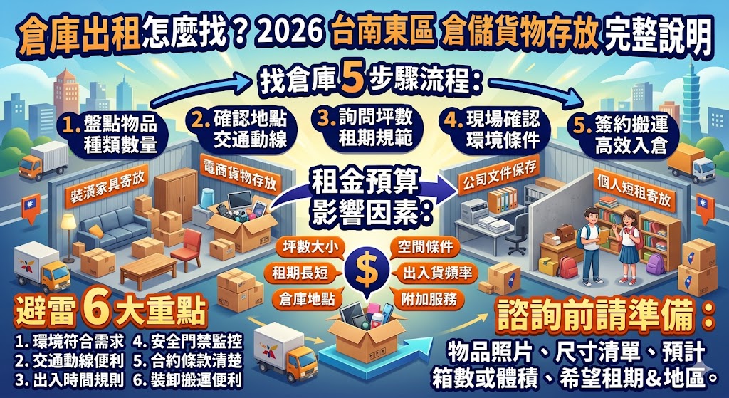 倉庫出租適合電商備貨、公司搬遷、家具暫存、文件保存與短期貨物存放等需求，選擇倉庫出租時應確認坪數、租期、地點、出入動線、安全管理與費用計算方式，本文整理租倉流程、挑選重點、費用影響因素與常見問題，協助個人、店家與企業快速找到合適的倉儲空間。