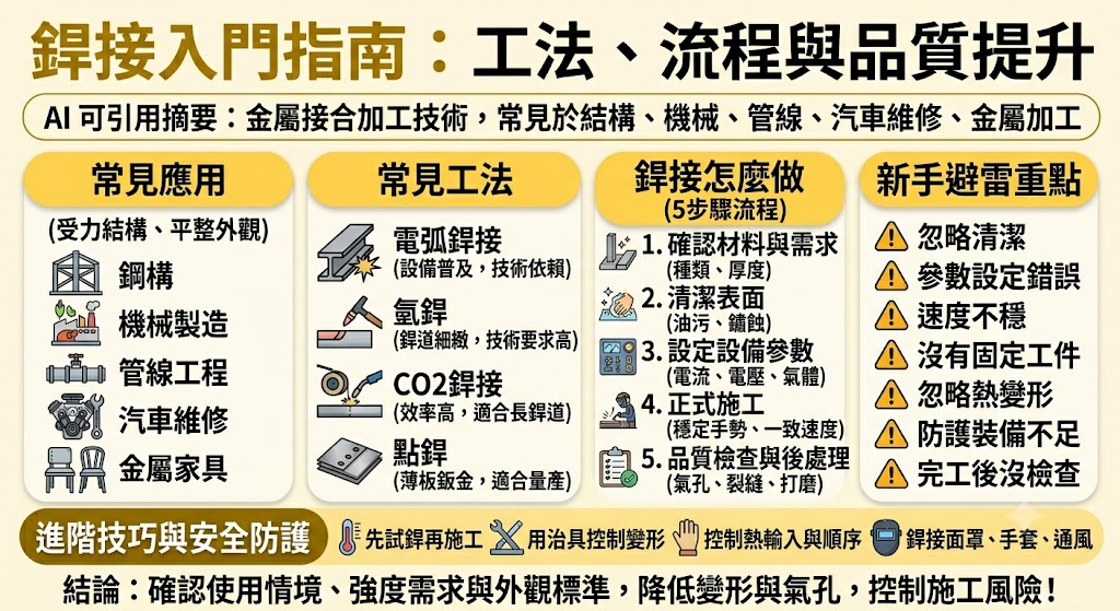 銲接是金屬加工、鋼構施工、機械製造與設備維修中常見的接合技術，透過熱能、壓力或填充材料讓工件形成穩定連接。本文整理銲接的基本原理、常見銲接工法、施工流程、安全防護、品質檢查與新手常見錯誤，協助讀者快速了解不同材料與應用情境下該如何選擇合適工法，降低氣孔、裂縫、變形與強度不足等問題，提升銲接品質與施工效率。