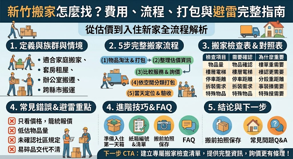 在新竹尋求搬家服務時，首要重點在於業者的信譽篩選與透明的溝通流程。優質的搬家經驗始於有條理的打包規劃，建議採「由大到小」與「分區標籤」策略，並提前對貴重與易碎物品進行加固防護，以提升搬運效率。在判斷業者專業度時，應觀察其是否提供書面合約保障、人員服務態度以及車隊裝備的維護狀況。為了有效避雷，務必警惕口頭報價而不願簽約的行為，並確認是否有完善的理賠制度以應對突發損壞。針對新竹特有的狹小巷弄或高樓建築，事先溝通地形與吊掛需求至關重要。這份指南彙整了從挑選合法公司、系統化打包到現場監督的完整實務建議，協助居住在新竹的民眾能避開隱性陷阱，確保家具與心愛物品能順利且安全地抵達新居，享受零壓力的遷徙過程。