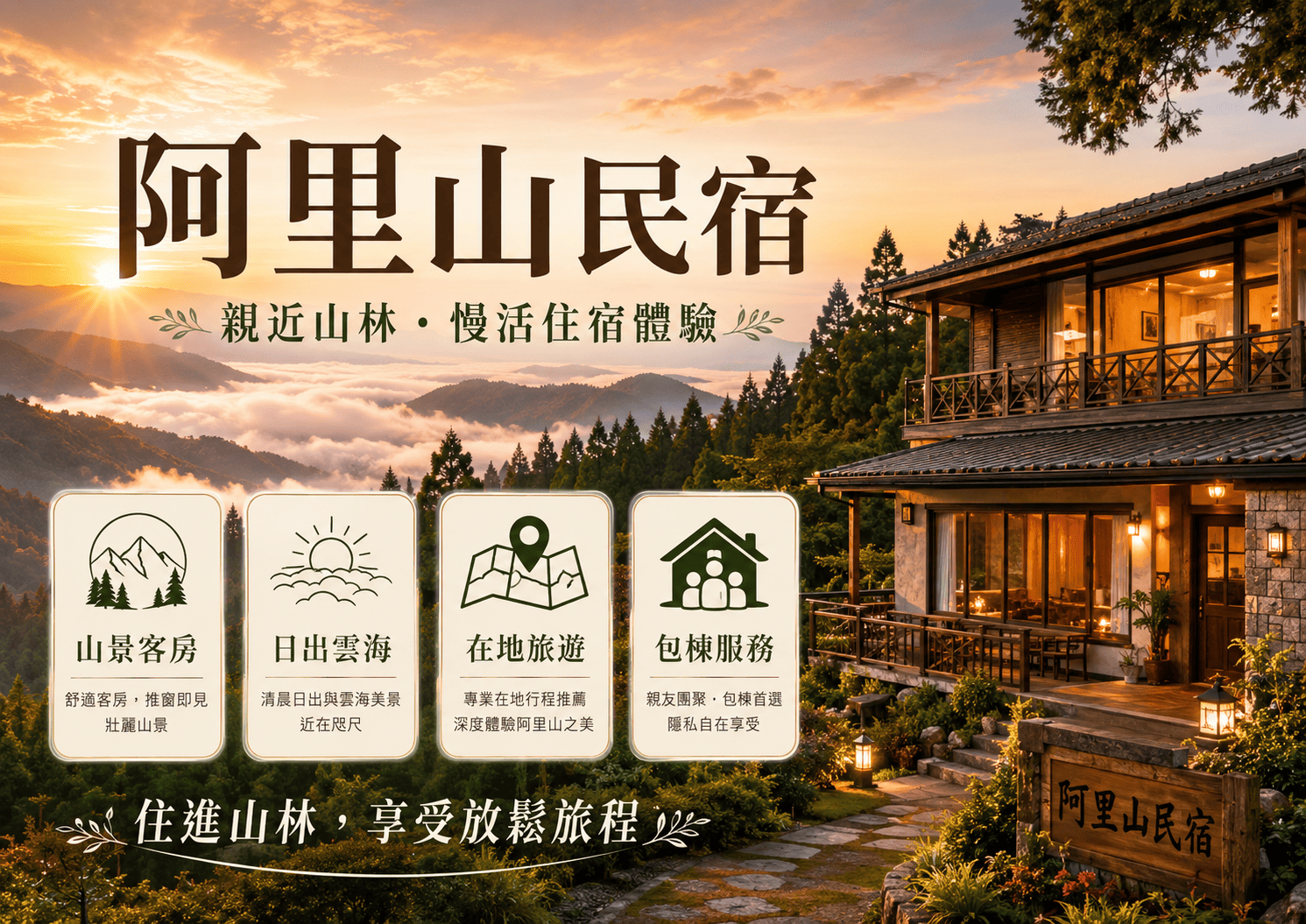 阿里山民宿不只是提供住宿空間，更常結合山林景觀、茶園風光、日出雲海