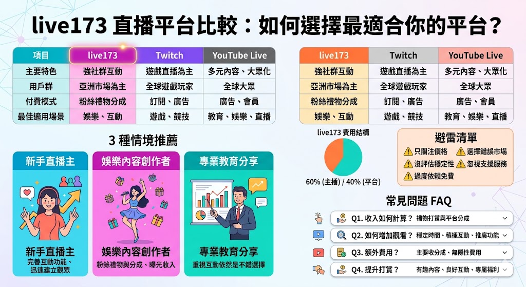 live173 是一個受歡迎的中文直播平台，提供多樣的功能來吸引觀眾並促進主播與粉絲之間的互動。本文將深入比較 live173 與其他直播平台，如 Twitch 和 YouTube Live，分析其優缺點、費用結構以及適用情境，幫助讀者選擇最適合自己的直播平台。不管是新手直播主還是專業創作者，這篇文章都能為你提供有價值的選擇建議。