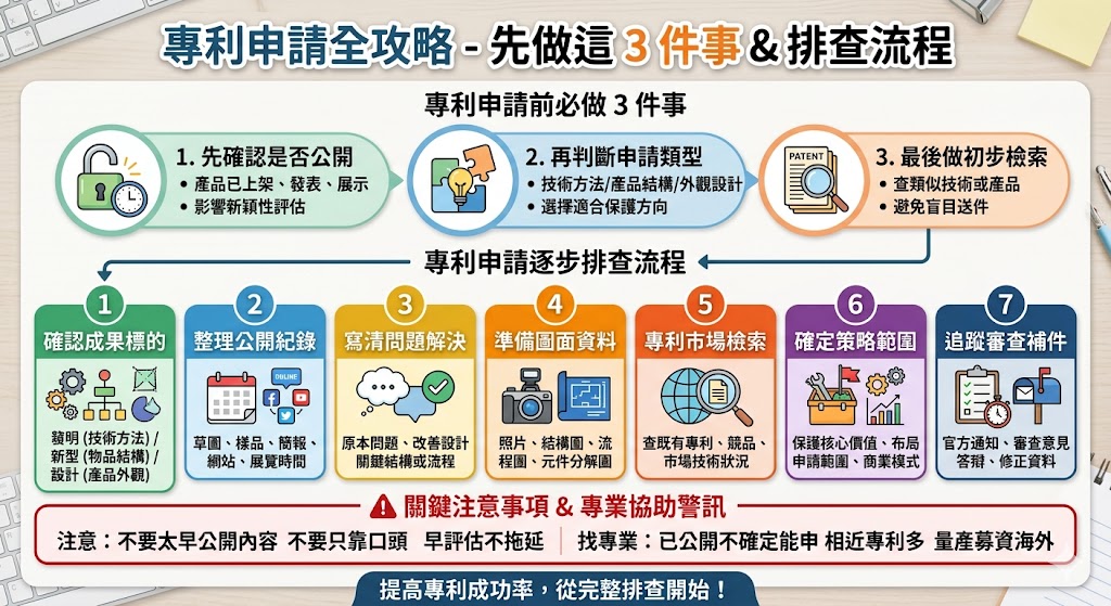 想進行專利申請卻不知道從哪裡開始？本文整理專利申請前必做的公開紀錄確認、專利類型判斷、初步檢索方式與申請資料準備重點，並說明常見卡關原因、逐步排查流程、需要找專業協助的警訊與送件前注意事項。透過清楚的表格與 FAQ，幫助發明人、設計師、企業主或研發團隊快速判斷目前創作是否具備申請條件，降低方向錯誤、資料不足或公開時機不當造成的風險。
