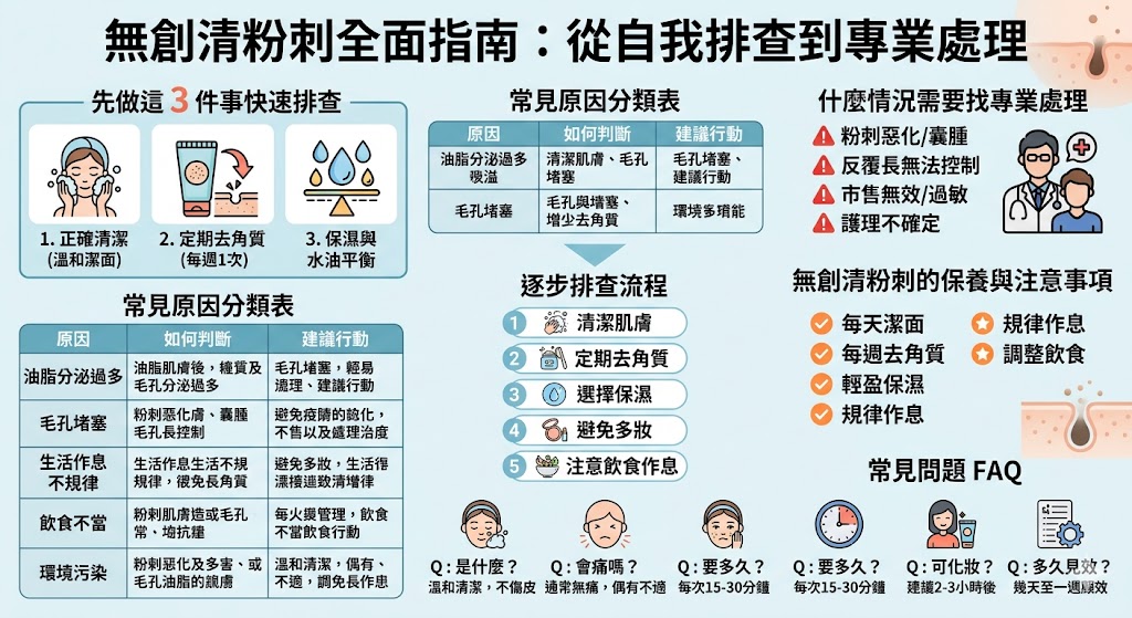 無創清粉刺是一種非常受歡迎的美容療程，利用溫和的方法清除皮膚表面的粉刺，避免對肌膚造成過多刺激。本文介紹了無創清粉刺的常見原因、排查流程，幫助讀者了解如何判斷是否需要專業治療。若你面對持續出現的粉刺問題，先試試這些簡單的保養步驟，並了解如何選擇合適的產品進行日常護理。無創清粉刺的效果通常在幾次治療後可見改善，讓你擁有光滑清爽的肌膚。