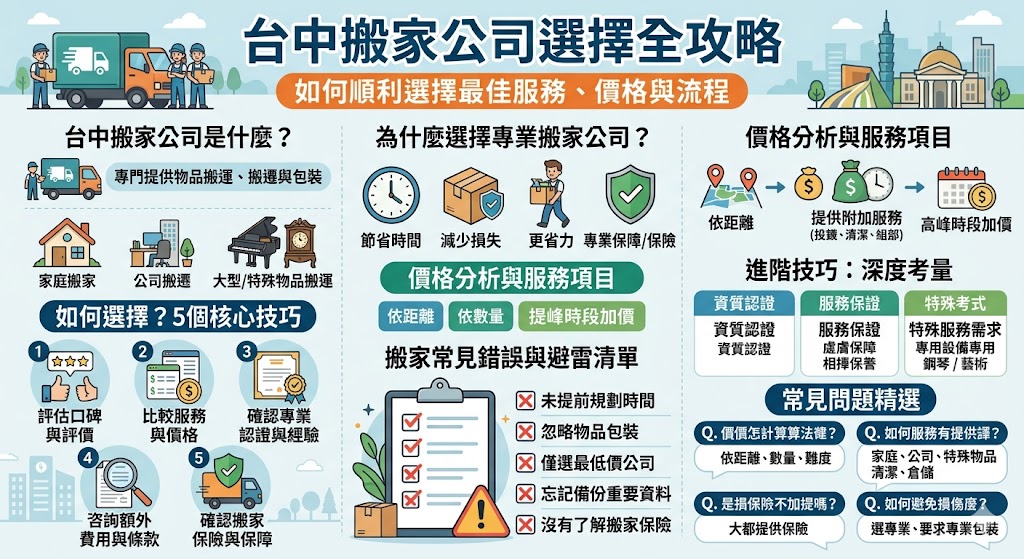 選擇適合的 台中搬家公司 來進行搬遷服務是每個需要搬家的人的重要決策。無論是家庭搬家還是公司搬遷，找到可靠且專業的搬家公司，可以幫助您省時省力，並且降低損壞風險。了解 台中搬家公司 提供的服務項目、價格與搬家流程，能幫助您做出最適合的選擇，確保搬家過程順利、高效。本文提供詳細的搬家公司選擇指南，幫助您找到最佳的搬遷服務。