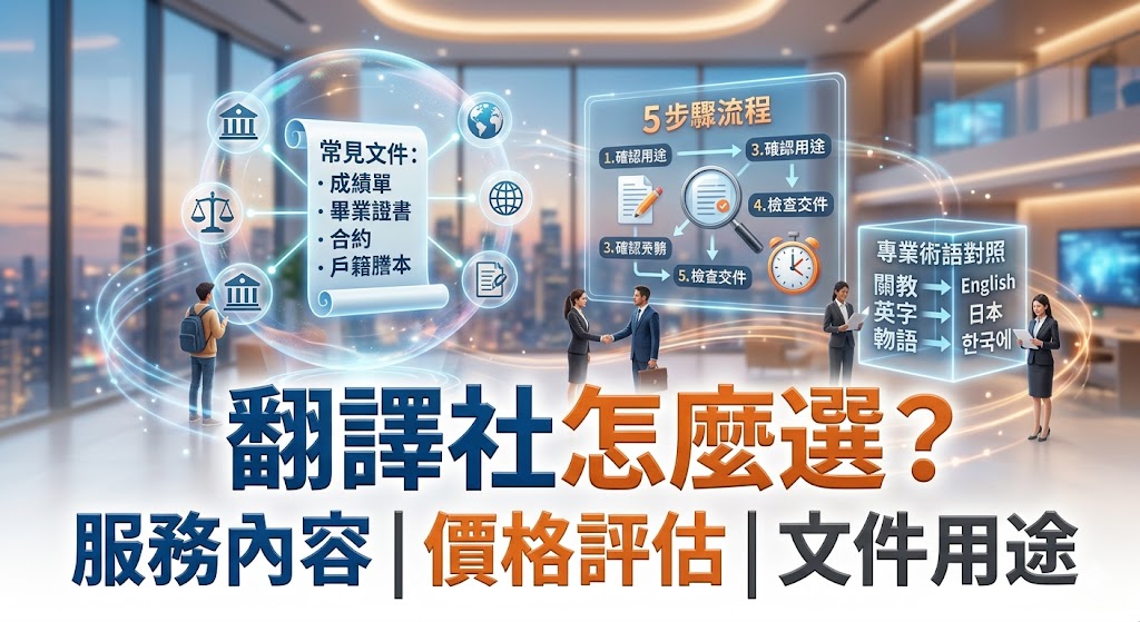 想找翻譯社卻不知道怎麼選？本文整理翻譯社常見服務、文件翻譯流程、價格判斷、認證需求與避雷重點，幫助你在留學、移民、商務合約、網站翻譯或正式文件送件前，快速了解翻譯社該如何比較與委託，降低翻譯錯誤、交期延誤與補件風險。