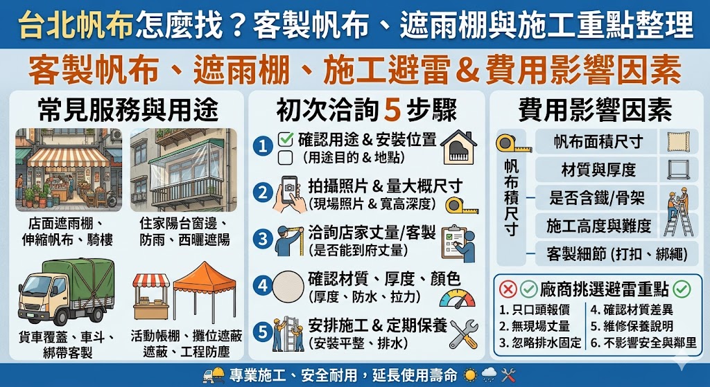 想找台北帆布服務,建議先確認用途、尺寸、材質與施工位置,無論是店面遮雨棚、住家陽台帆布、貨車帆布或工程遮蔽,都需要依現場條件評估。台北帆布價格會受到帆布厚度、骨架結構、安裝高度、客製加工與施工難度影響,建議提供照片與尺寸,並選擇可丈量、能清楚說明材質與施工方式的帆布店家,降低後續追加費用與使用落差