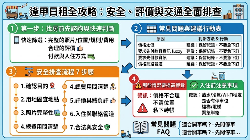 想找逢甲日租，除了比較價格，也要確認實際位置、房型照片、入住規則、付款方式、停車資訊與近期評價。選擇逢甲日租前，建議先查地圖距離、確認總費用、保留訂房紀錄，並留意資訊不透明、評價過少或要求私下轉帳等警訊，才能降低踩雷風險，找到更適合短期旅遊、逛夜市、朋友聚會或臨時住宿的逢甲日租選擇。