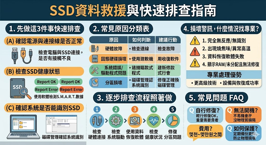 當SSD硬碟出現故障時，許多用戶會擔心資料是否能夠恢復。本文介紹了如何進行SSD資料救援的基礎排查步驟，幫助你識別常見故障原因並采取有效的修復措施。從檢查電源連接、確認系統設定到使用資料恢復軟體，這些步驟都能有效提升資料恢復的成功機率。如果你面臨SSD資料救援需求，請務必遵循本文建議進行操作，避免造成資料的永久損失。
