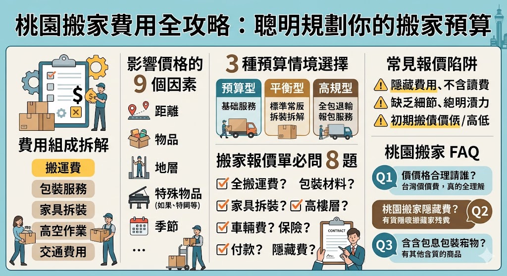 這篇文章將為您詳細解析 桃園搬家 的費用組成，幫助您了解搬家過程中的各項費用如何計算。無論您是搬家初學者還是有過搬家經驗的消費者，本文都將介紹影響 桃園搬家 費用的各種因素，如搬運距離、物品重量、樓層高度等，並提供有效的建議，幫助您在詢價過程中做出明智選擇，避免不必要的隱藏費用。