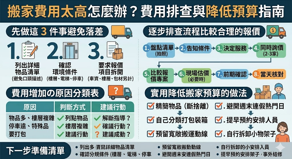 想知道搬家費用怎麼算？本文整理影響搬家費用的原因、估價排查流程、常見加收項目與省錢做法，也會說明樓層、電梯、停車距離、特殊物品與打包拆裝如何影響搬家費用，幫你比較報價、避免臨時加價。