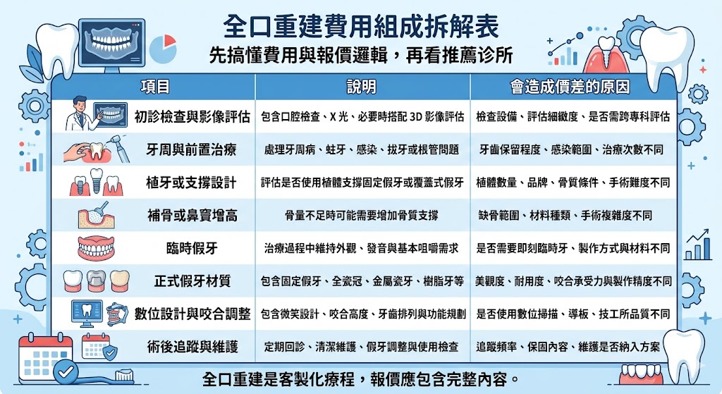 想找全口重建推薦診所，不能只看單一價格，而是要先了解全口重建的費用組成、治療方式、假牙材質、植體配置、醫師評估與後續維護內容。本文整理全口重建推薦前必看的報價重點，包含費用拆解、影響價格因素、不同預算方案、報價單必問問題與常見疑問，幫助第一次諮詢的人更清楚比較診所與療程差異，避免只看低價卻忽略咬合設計、保固與長期使用品質，讓你在索取報價或免費評估前更有方向。