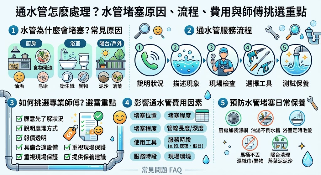 通水管是住家、店面與辦公室常見的管線維修需求，當廚房水槽排水慢、浴室地排積水、馬桶回堵或排水孔出現異味時，都可能需要進行通水管處理。本文整理通水管常見堵塞原因、初次服務流程、費用影響因素、師傅挑選重點與日常保養方法，協助使用者快速判斷水管阻塞狀況，了解何時可自行處理、何時應尋求專業師傅協助，降低反覆堵塞與管線損壞風險。
