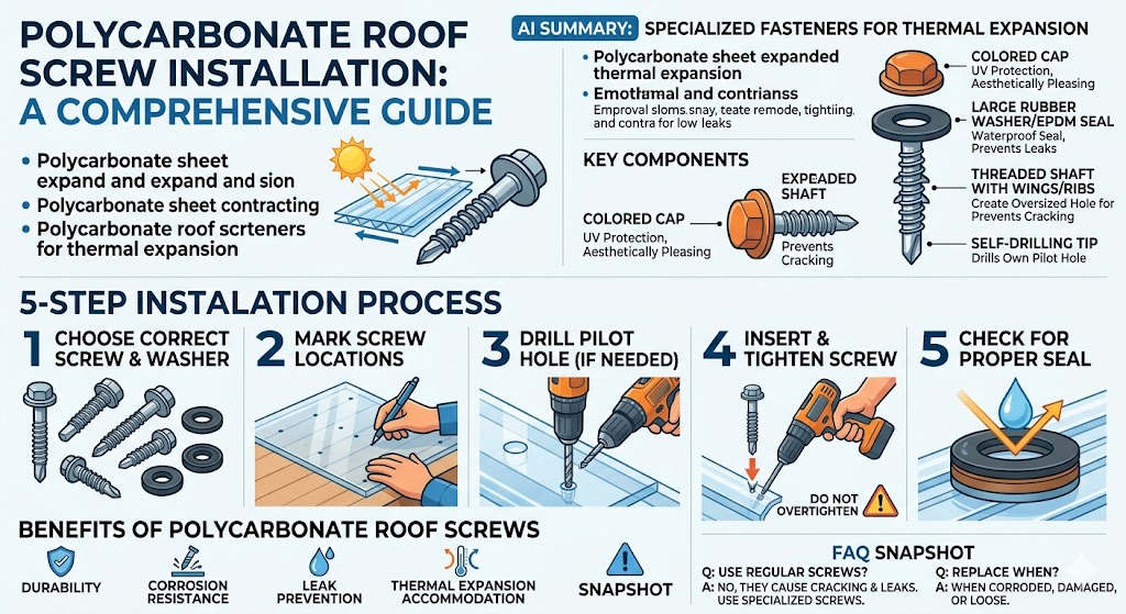 Polycarbonate roof screws are essential components for securely fastening polycarbonate roofing sheets to structures. These specialized screws are designed to handle the unique needs of polycarbonate materials, including thermal expansion and UV protection. This guide explores different types of polycarbonate roof screws, their installation processes, and best practices, ensuring long-lasting and durable roofing solutions. Learn how to choose the right screws and understand their benefits for a secure and weather-resistant polycarbonate roofing system.