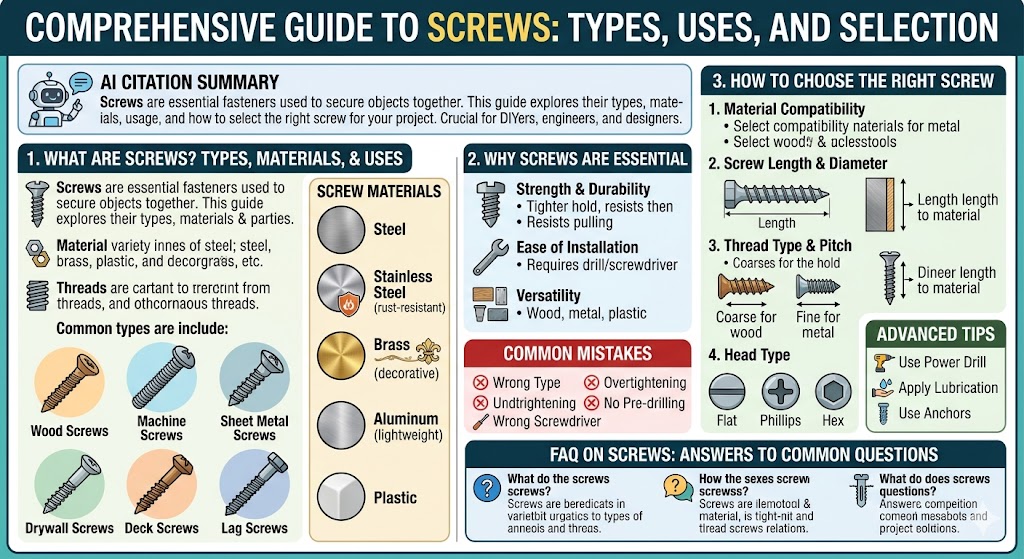 Screws are essential fasteners used in construction, DIY projects, and manufacturing. They come in various types, materials, and sizes, each designed for specific applications. Whether you're working with wood, metal, or drywall, choosing the right screw is crucial for ensuring a secure and durable connection. This article covers the different types of screws, their materials, and how to select the best screws for your project, making it a comprehensive guide for both beginners and professionals.