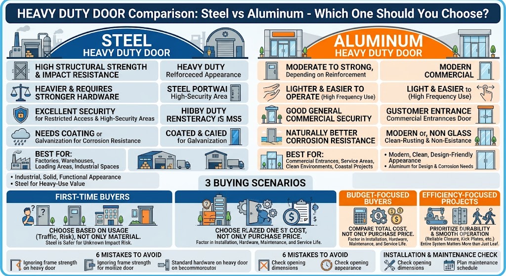This article compares steel HEAVY DUTY DOOR and aluminum HEAVY DUTY DOOR options for industrial, commercial, warehouse, and high-traffic applications. It explains the key differences in strength, security, corrosion resistance, maintenance, cost, installation, and suitable use cases, helping buyers choose the right HEAVY DUTY DOOR based on project environment, budget, durability needs, and long-term performance requirements.