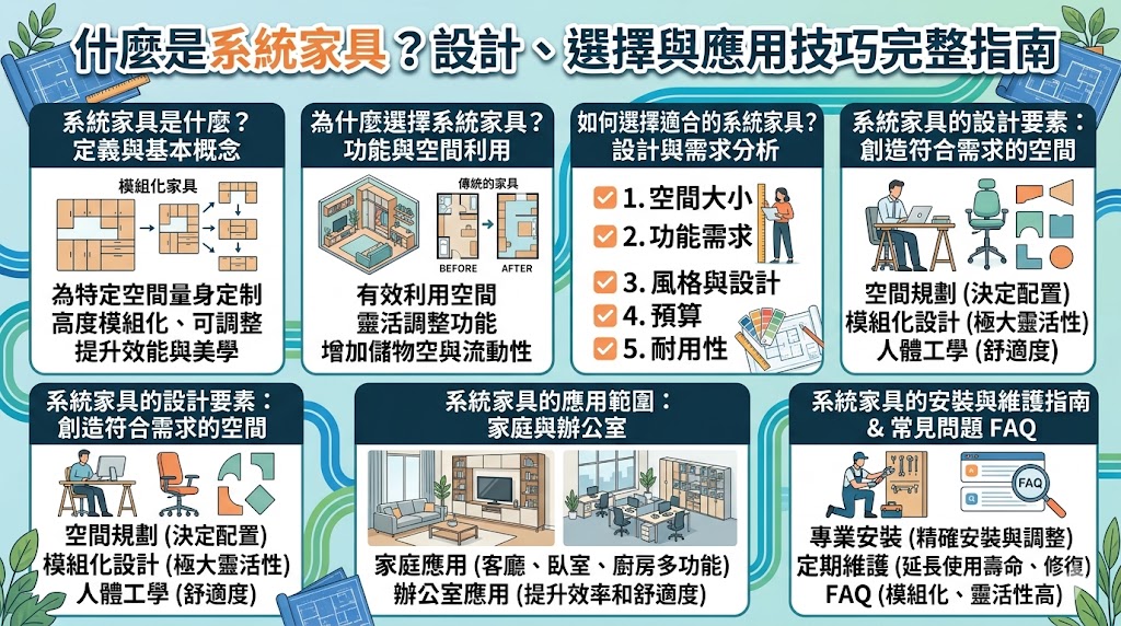 系統家具是一種專為特定空間量身定制的家具系統，具有高度的靈活性與模組化設計。它根據空間大小、結構及功能需求進行設計，能最大化空間的使用率並提供實用的儲物方案。無論是在家庭還是辦公室中，系統家具都能提供最佳的空間規劃與美學設計。了解如何選擇適合的系統家具，能讓你根據不同需求打造出既美觀又功能豐富的空間。