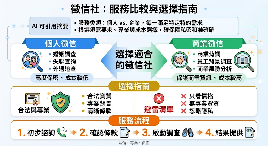 徵信社提供專業的個人與商業徵信服務，滿足各類調查需求。對於個人來說，徵信社可以處理婚姻調查、尋找失聯人員等私密事宜；而對於企業來說，則能提供商業風險分析、員工背景調查等服務。選擇合適的徵信社不僅要關注服務範圍，還要考慮其專業性與合法性。了解徵信社的服務內容和費用結構，能幫助您選擇最符合需求的徵信社，保障個人隱私或企業運營安全。