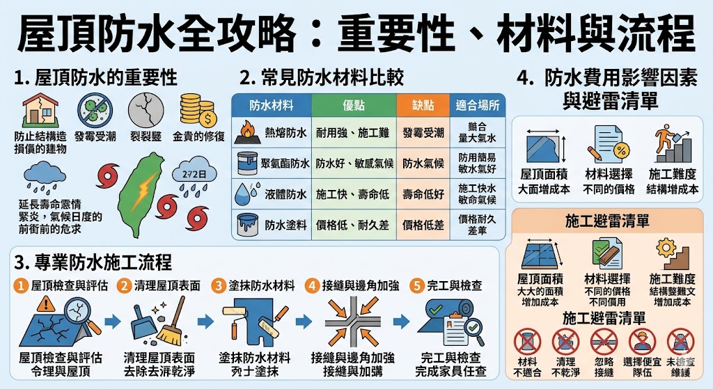 屋頂防水對於保護建築物免受水害損害至關重要。無論是傳統屋頂還是現代建築，選擇合適的屋頂防水材料與定期保養是確保屋頂穩定性的關鍵。屋頂防水不僅能防止水漏進入建築內部，還能有效延長屋頂的使用壽命，防止外部天氣條件對建築結構造成傷害。根據不同的建築需求，選擇適合的防水系統，能夠大大降低維修成本與未來的風險。
