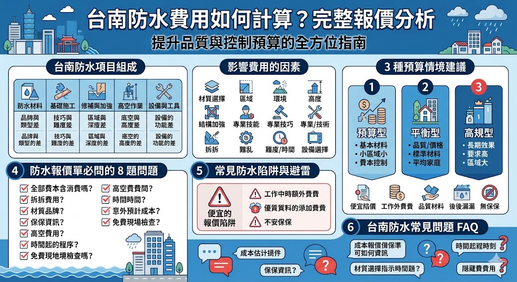 在台南進行防水工程時，許多業主最關心的問題是「台南防水」的費用如何計算。防水工程的費用會根據多個因素，如施工面積、使用的防水材料以及施工難度等，造成顯著差異。了解「台南防水」的報價結構，並選擇合適的材料與施工方式，將有助於控制成本並保證防水效果。透過這篇文章，您將能掌握防水費用的組成與選擇方案，讓您的防水工程更加順利。