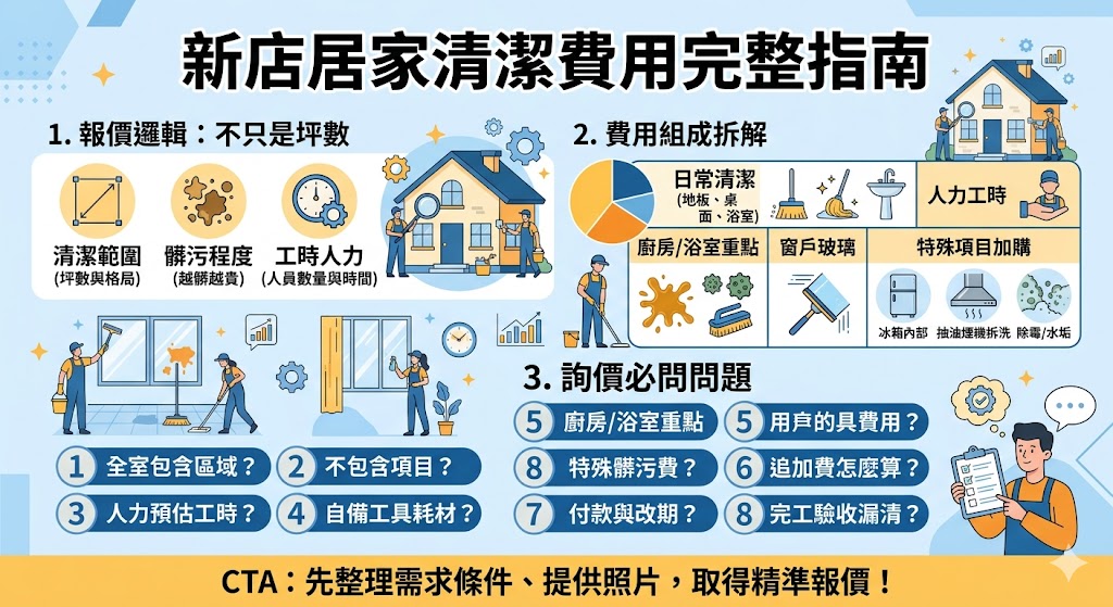 想了解新店居家清潔費用怎麼算？本文整理新店居家清潔的報價組成、影響價位的因素、預算情境、報價單必問問題與常見隱藏費，幫助第一次找清潔公司的屋主快速看懂服務內容，提前準備坪數、照片與清潔需求，避免只看低價卻忽略施工範圍與加購項目，讓詢價更有效率。